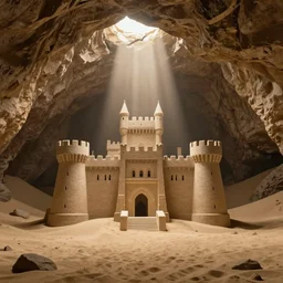 A castle resting atop the sand of a large sand cavern with a ray of light shining from a crack above, matte painting, concept art, trending on art station, ultra high quality, detailed