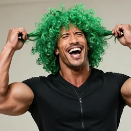 dwayne johnson with a curly green wig, twirling his hair and laughing hysterically