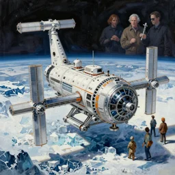 a painting of a space station surrounded by ice and snow, a detailed matte painting by chesley bonestell and by david a. hardy and by ralph mcquarrie and by les edwards and by dean ellis, cgsociety, retrofuturism, matte painting, concept art, dystopian art