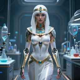perfect white haired attractive egyptian goddess, warframe armor, beautiful, symmetric, dreamy, half asian, pretty face, blue eyes, maesie williams, detailed, scifi platform, laboratory, experiment, 4 k, ultra realistic, epic lighting, android body, illuminated, cinematic, masterpiece, art by akihito tsukushi, voidstar