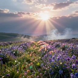 landscape in france, lots of sparkling details and sun ray ’ s, blinding backlight, smoke, volumetric lighting, colorful, octane, 3 5 mm, epic colored reflections, very colorful heavenly, softlight