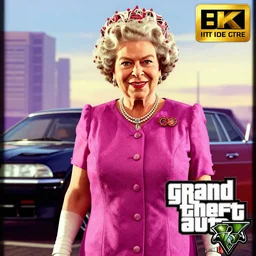 The Queen of England in Grand Theft Auto 5 cover art, 4k, extremely detailed, digital art, vibrant,