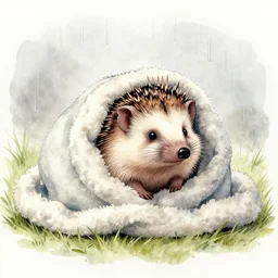 a hedgehog in a cozy blanket on a rainy day, watercolor and ink by Usman Connor