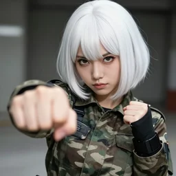 black anime manga girl, wearing camo, white french bob, throwing punch to camera pose!!!!!!, realistic, 4 k, artstation, highly detailed, detailed face