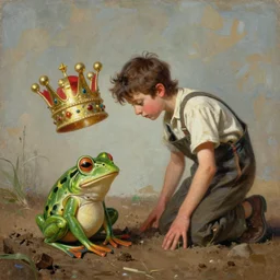 frog boy farmer finds the clown crown in the dirt, clown crown, moment of destiny, painting by Syd Mead, cinematography by Robby Müller