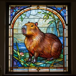 a beautiful stained glass window of a capybara by louis comfort tiffany and john la farge, colorful, 4 k, trending, ultra realistic, unreal engine, cgsociety, render