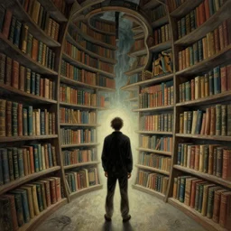 a man standing in front of a surreal spiral book shelf filled with books, a storybook illustration by james paick, cgsociety, fantasy art, lovecraftian, academic art, mystical