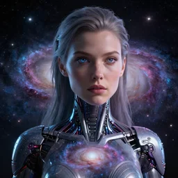 woman portrait made out of galaxies, beautiful, cyborg, cinematic, comic book art, realistic, highly detailed, octane render, unreal engine