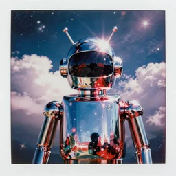 analog polaroid portrait of a chrome android, Hajime Sorayama, daft punk, sheen, red reflections, unreal engine, azure sky, big clouds visible, sunlight, reflection, sparkles, space, stars, nebula, lensflare, film grain, depth of field, color bleed