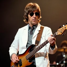 The real young Paul McCartney with a mullet, playing bass and wearing sunglasses and a doctors coat, concert photography from the 70s, telephoto, bokeh