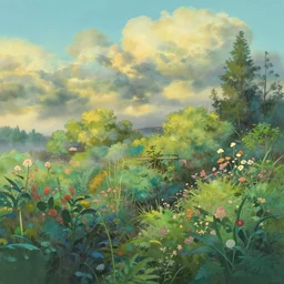a painting of a garden in the heavens by studio ghibli, golden hour, dreamy, misty, cool, detailed