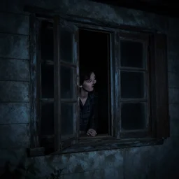 some one looking into your houses window, it's dark outside, realistic, moody, dark