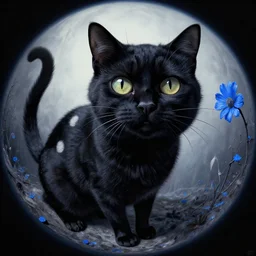 curved perspective, extreme narrow, extreme fisheye, digital art of a big female black cat with white spot with blue flower by anton fadeev from nightmare before christmas