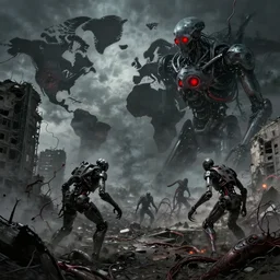 the terrible fate of the world after nuclear war, ruined cities, ai robot tendril remnants, biomachine war against humanity, beksinski, giger, machine entity, glowing red eyes, ambient art wallpaper popular on artstation