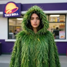 a woman wearing a cloak made of grass, in a taco bell, color photograph, by vincent desiderio, canon eos c 3 0 0, ƒ 1. 8, 3 5 mm, 8 k, medium - format print