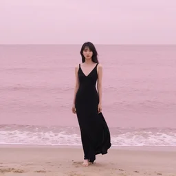woman, black dress in the middle of the beach, pink sea, leyendecker style