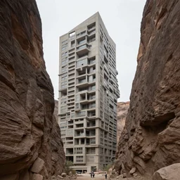 a realistic canyon with brutalist architecture by eytan zana, ruan jia and mark maggiori 4 k, hyperdetailed, sharp focus, global illumination