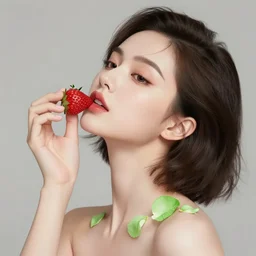 the portrait of an absurdly beautiful, graceful, elegant, sophisticated, lascivious woman made of strawberries and green petals looking up, an ultrafine hyperdetailed illustration by kim jung gi, irakli nadar, intricate linework, bright colors, octopath traveler, final fantasy, unreal engine 5 highly rendered, global illumination, radiant light, detailed and intricate environment