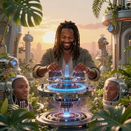 very very beautiful portrait of a jamaican man with dreadlocks repairing a zero-point energy device floating in zero gravity,  solarpunk,  detailed realistic smiling faces, surrounded by advanced elegant factory machinery, monstera deliciosa, biomechanical, symmetrical, sunrise, golden ratio, elegant, elite, lush, atmospheric, volumetric lighting, haunting, wide angle, cinematic, trending on artstation, unreal engine, 8k, vivid and vibrant