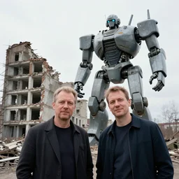 a ivan shishkin and simon stalenhag photo of a ruined building and enormous robot