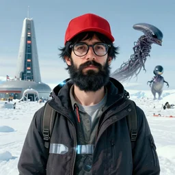 ducktail bearded black haired young man with wayfarer glasses and red baseball hat creature monster john carpenter by stanley artgerm lau, polar explorer, antarctic station, antarctica, wlop, the thing alien assimilation, metamorphose, movie the thing by john carpenter, rossdraws, frank frazetta, andrei riabovitchev, marc simonetti