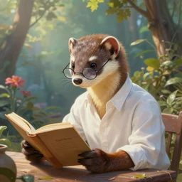 portrait painting of a weasel in a white shirt, wearing glasses, sits at a table reading by wenjun lin, irakli nadar, bright colors, octopath traveler, wenjun lin, unreal engine 5 highly rendered, global illumination, 9 radiant light, detailed and intricate environment