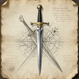 technical drawing of a cursed rapier, multiple layers, detailed map, notes, scribbles, old paper