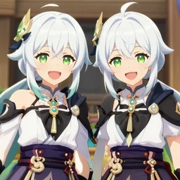 white haired young twins with green eyes, laughing, beautiful anime portrait, symmetry, ecchi style, makoto shinkai, genshin impact, high quality, art, long shot
