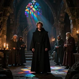 jesse eisenberg as an enigmatic medieval christian ( ( monk ) ) in a dark underground city. dark shadows, colorful, candle light, law contrasts, ( ( light diffraction ) ) ) fantasy concept art by jakub rozalski, jan matejko, and j. dickenson