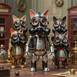 zoomed portrait of tin toy assassin machine cats with black gas masks in victorian london, nicoletta ceccoli, mark ryden, lostfish, max fleischer, depth of field, detailed and intricate retro environment, 8 k resolution, hyperrealistic, octane render