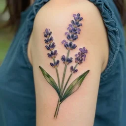 botanical tattoo design of verbena and lavender flowers, inking on skin, art by studio ghibli
