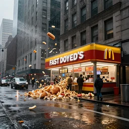 commercial photography cinematic wide shot of fastfood falling down on the streets of new york, it's raining food