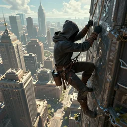 an epic fantasy comic book style landscape painting of a hooded thief climbing a tall building with a city using a rope, unreal 5, daz, hyperrealistic, octane render, dynamic lighting