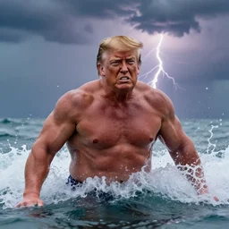 realistic photo of bodybuilder donald trump emerging from the ocean, giant size, angry, big splash, droplets, dark lightning clouds, overcast, thunder, lightning strike, closeup, telephoto zoom, cinematic, dslr