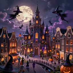 A bustling magical town with witches flying all around inspired by amsterdam and Halloween Town from the nightmare before christmas, digital 2d, artstation