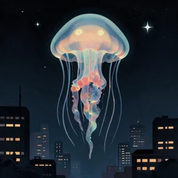 retro dark vintage sci - fi 2 d matte illustration, huge jellyfish hanging above city under night sky, art by szukalski, beksinski, 4 k symmetrical portrait