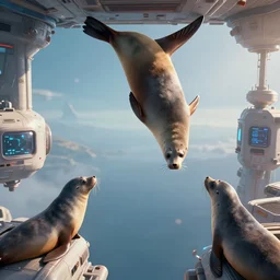 seals doing parkour in a spaceship, 3d scene, render, ultra realistic, zenith view, Greg Rutkowski, artstation, cgsociety, level design, unreal engine, 3d scene, render, ultra realistic, Enki Bilal style