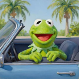 kermit driving a car, palm trees, oil painting, detailed