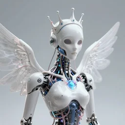 ai biomech, ethereal ultralight humanoid robot skully with crown mechanism, quantum physics, angelic and unsettling, wires, veins, ferrofluid, bismuth, style blend of hideo kojima, shepard fairey, and botticelli, city backdrop is a blend of the vatican, neo - andean architecture and brutalism, 4 k photorealistic, ultra fine inklines