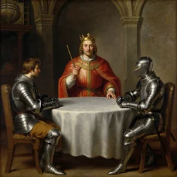 oil painting of king arthur wearing a crown and the knight lancelot wearing armor sitting at the round table in camelot, artemisia gentileschi