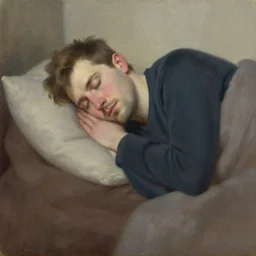 oil painting of a man sleeping, dreaming sweet dreams