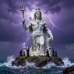 gigantic marble statue of the god of the sea wielding a trident on an island. roiling waves at the base. scene lit by lightning. thunderclouds in the background. fantasy setting. magicians praying to the statue. purples and greens. fantasy aesthetic. extremely detailed. 4 k
