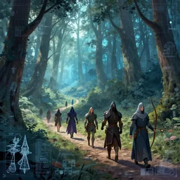 adventuring party consisting of warrior, archer and wizard walking down a forest path, in the style of Greg Broadmore and Arthur Rackham,trending on artstation, light lighting side view,digital art,surrealism ,macro,blueprint ,vaporwave ,