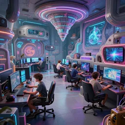 1 9 5 0 s, retro - futurism, two boys playing game at a spacious gaming room with their hi - tech gaming setup, intricate, highly detailed, spacious, indoor, artstation, art by filip hodas and artgerm