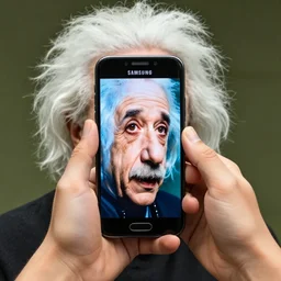 alber Einstein showing his Samsung phone to camera , pov , full color picture