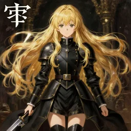 baroque oil painting japanese light novel cover full body illustration lotr anime key visual stunning action shot | young girl black military crusader maid with long flowing blonde hair | symmetrical perfect face fine detail delicate features quiet gaze | gapmoe kuudere moody lighting bokeh | trending pixiv fanbox | by greg rutkowski makoto shinkai takashi takeuchi studio ghibli