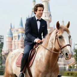 andy samberg riding a horse in disneyland super realistic photo