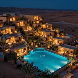 habitat 6 7, terraced architecture hotel in the dessert, many plants and infinite pool, night time, cinematic, cyberfunk style