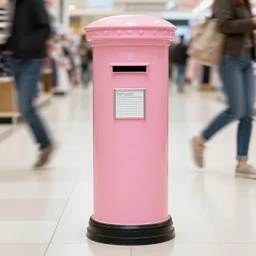 a pink letter box with human legs running around in a shopping center