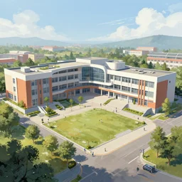 a wide shot of a modern school, trending on artstation, digital painting, mixed media, hyper detailed,